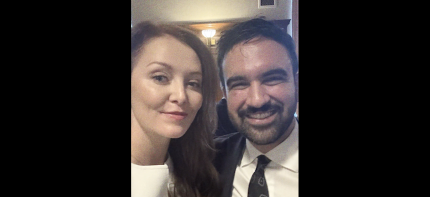 In a still from her campaign launch video, council candidate Lindsey Boylan poses with Mayor Zohran Mamdani.