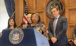 State Senate Majority Leader Andrea Stewart-Cousins, center, said she will run for reelection, while Deputy Majority Leader Michael Gianaris, right, announced this week he will not.