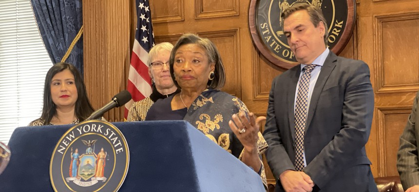 State Senate Majority Leader Andrea Stewart-Cousins, center, said she will run for reelection, while Deputy Majority Leader Michael Gianaris, right, announced this week he will not.
