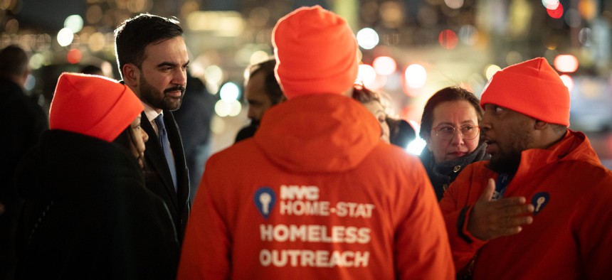 New York City Mayor Zohran Mamdani meets with homeless outreach workers at a warming center in Manhattan on Jan. 27, 2026.