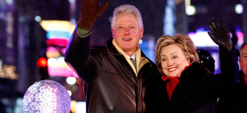 Bill Clinton and Hillary Rodham Clinton celebrate the new year in Times Square in 2009.