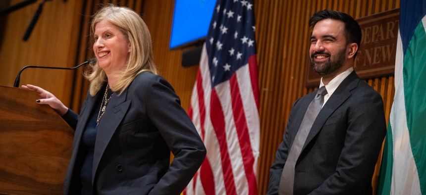 New York City Police Commissioner Jessica Tisch, left, wants changes to a City Council bill banning protests outside houses of worship.