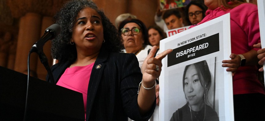 Assembly Member Karines Reyes rallies with advocates in support of anti-ICE legislation on May 13, 2025.