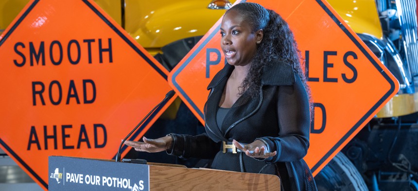 Taylor Darling speaks at a press conference with Gov. Kathy Hochul about pothole repairs on Oct. 20, 2022.