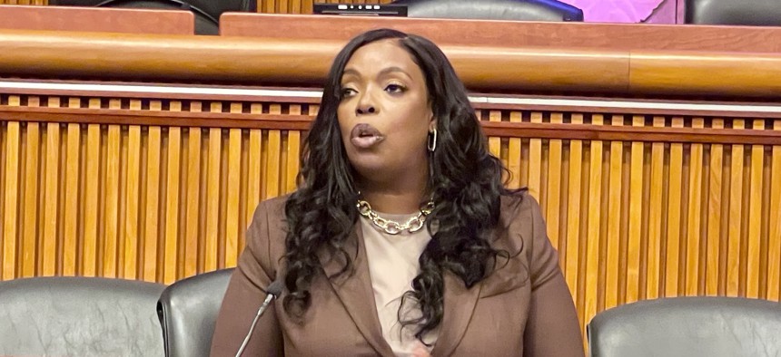 Assembly Member Latrice Walker speaks on a Raise the Age panel at Caucus Weekend in Albany on Feb. 14, 2026.