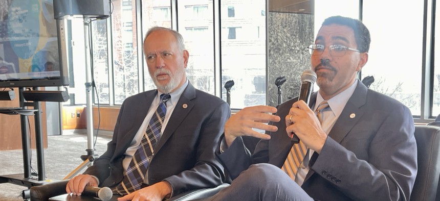 CUNY Chancellor Félix Matos Rodríguez and SUNY Chancellor John King joined forces for a fireside chat at City & State's Higher Education summit on Feb. 17, 2026.