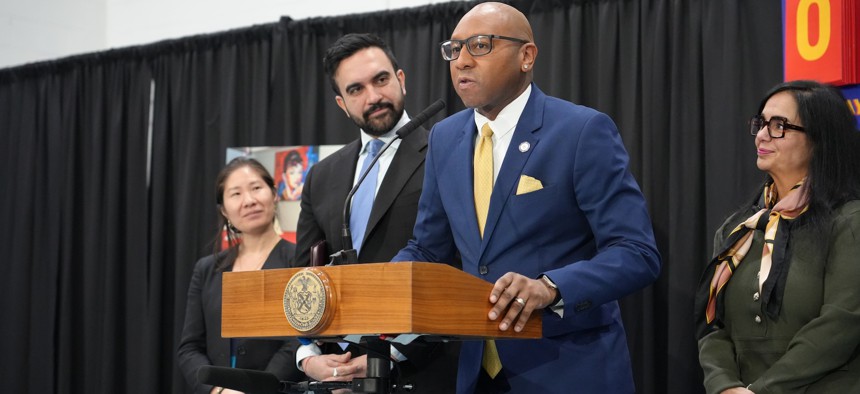 Queens Borough President Donovan Richards speaks at a press conference with New York City Mayor Zohran Mamdani.