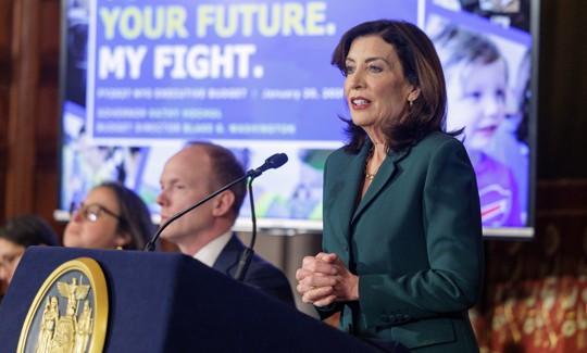 Gov. Kathy Hochul presents the Fiscal Year 2027 executive budget proposal on Jan. 20, 2026. She released her 30-day amendments to that proposed budget on Feb. 19, 2026.