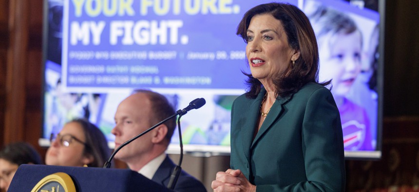 Gov. Kathy Hochul presents the Fiscal Year 2027 executive budget proposal on Jan. 20, 2026. She released her 30-day amendments to that proposed budget on Feb. 19, 2026.