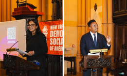 New York City Council Members Shahana Hanif, left, and Chi Ossé, right, speak to members of the Democratic Socialists of America at a candidate forum on Feb. 10, 2026