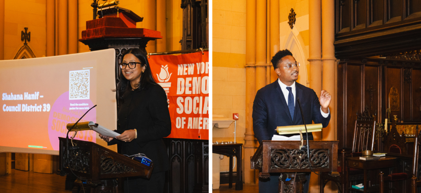 New York City Council Members Shahana Hanif, left, and Chi Ossé, right, speak to members of the Democratic Socialists of America at a candidate forum on Feb. 10, 2026