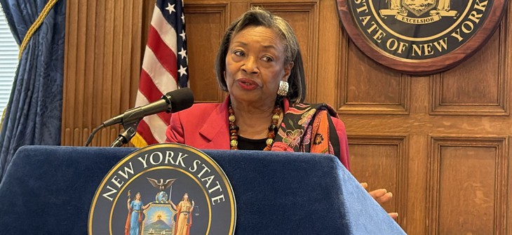 State Senate Majority Leader Andrea Stewart-Cousins speaks to reporters on Feb. 24, 2026.