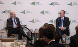 Citizens Budget Commission President Andrew Rein, left, interviews state budget director Blake Washington, right, at a Citizens Budget Commission breakfast on Feb. 25, 2026.