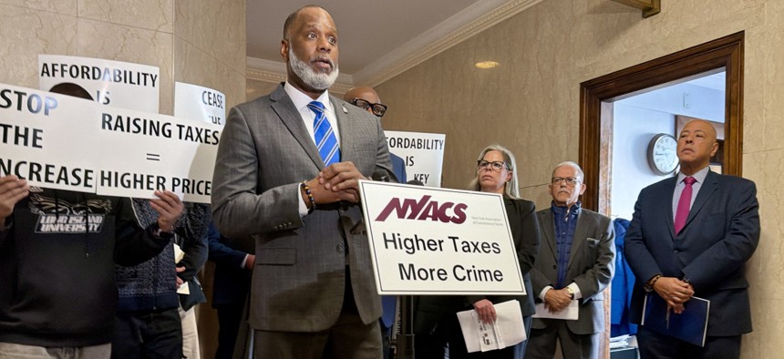 Elliot Boyce, a retired member of the New York State Police, joined business leaders and others opposed to Gov. Kathy Hochul’s proposed 75% excise tax on smoke-free nicotine pouches in the state Capitol on Feb. 26, 2026.