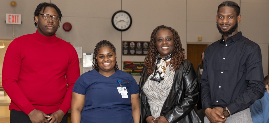State Sen. Cordell Cleare, second from right, with participants in The New Jewish Home’s SkillSpring program, which trains young adults from underserved communities to become certified nursing assistants. 