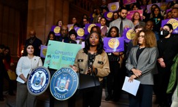 Assembly Member Phara Souffrant Forrest speaks at a rally in support of the Treatment Court Expansion Act.