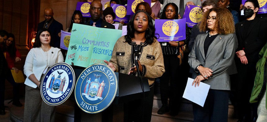 Assembly Member Phara Souffrant Forrest speaks at a rally in support of the Treatment Court Expansion Act.