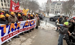 Supporters of New York City Mayor Zohran Mamdani rally outside the state Capitol Albany in support of raising income taxes on wealthy New Yorkers on Feb. 25, 2026.