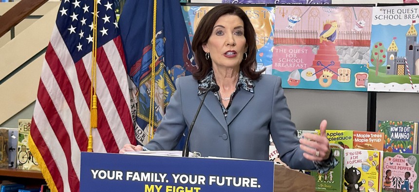 Gov. Kathy Hochul speaks to reporters in Albany on March 4, 2026.