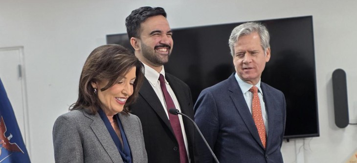 Gov. Kathy Hochul, left, and New York City Mayor Zohran Mamdani, center, were all smiles at a child care press conference in Manhattan on March 5, 2026.