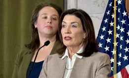 Gov. Kathy Hochul, right, and Director of State Operations Jackie Bray, left, speak to reporters after meeting with President Donald Trump’s border czar Tom Homan.