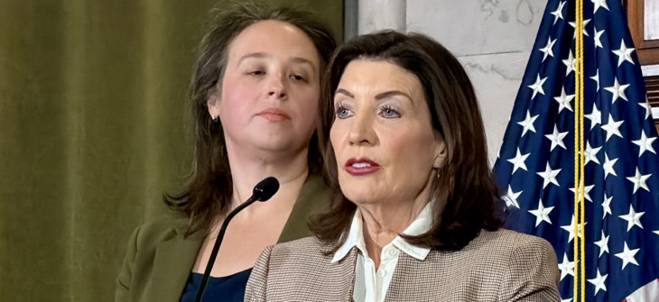 Gov. Kathy Hochul, right, and Director of State Operations Jackie Bray, left, speak to reporters after meeting with President Donald Trump’s border czar Tom Homan.