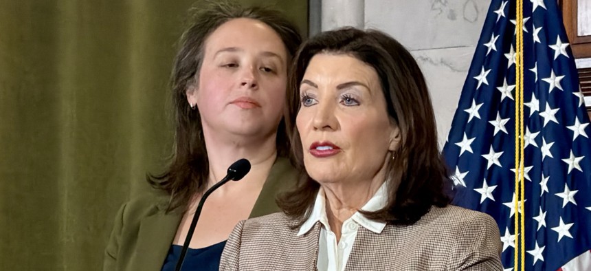 Gov. Kathy Hochul, right, and Director of State Operations Jackie Bray, left, speak to reporters after meeting with President Donald Trump’s border czar Tom Homan.
