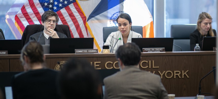 New York City Council Member Pierina Ana Sanchez speaks at a City Council committee hearing.