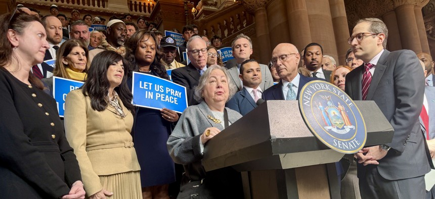 State Sen. Liz Krueger speaks at a rally in support of buffer zone legislation.