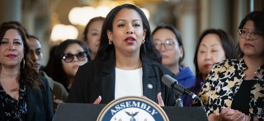 Assembly Member Amanda Septimo rallies in Albany with advocates from domestic violence organizations on March 11, 2026.
