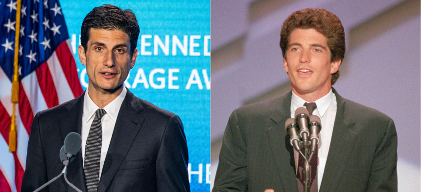 Jack Schlossberg, left, is running for Congress as the public revisits the story of his uncle, John F. Kennedy Jr., right.