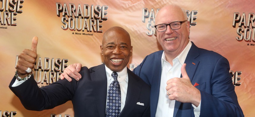 Then-New York City Mayor Eric Adams and former Rep. Joe Crowley at an opening night on Broadway in 2022.