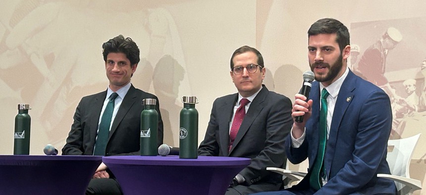 Congressional candidates Jack Schlossberg, Micah Lasher and Alex Bores joined at NYLCVEF forum.