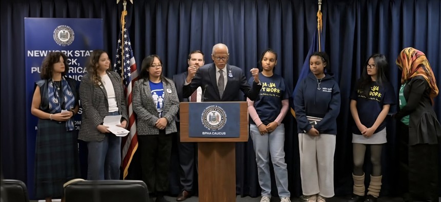 State Sen. Robert Jackson speaks in support of the Solutions Not Suspensions bill.