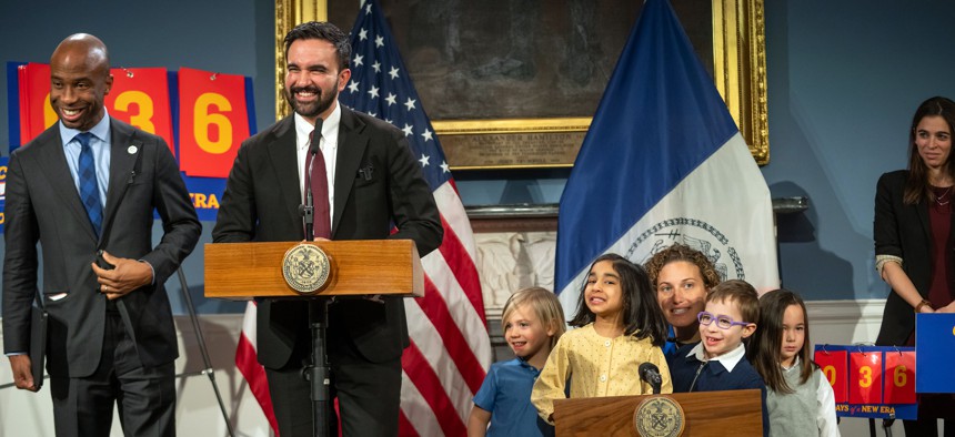 New York City Schools Chancellor Kamar Samuels, Mayor Zohran Mamdani and Pre-K students