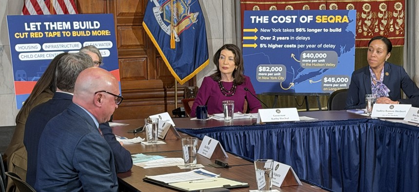 Gov. Kathy Hochul discusses the need to reform the State Environmental Quality Review Act on March 23, 2026.