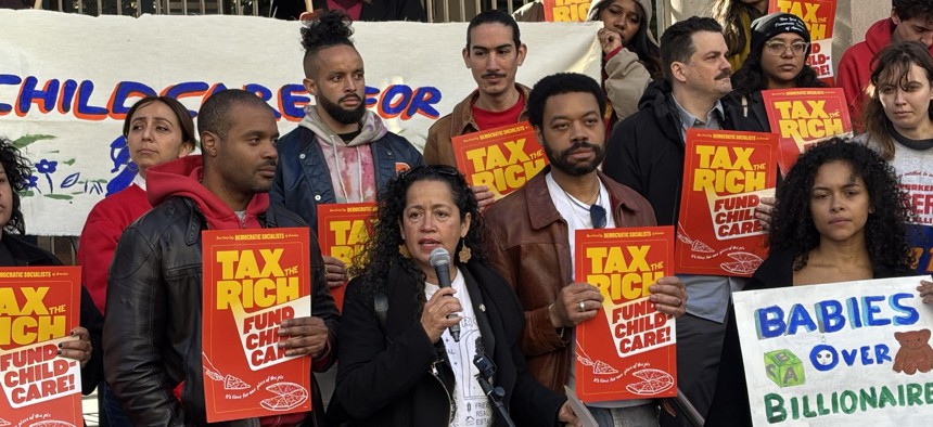 New York City Council Member Alexa Avilés speaks at a Tax the Rich rally on Nov. 16, 2025.