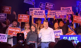 Assembly Member Claire Valdez, left, stands on stage with Mahmoud Khalil during her congressional campaign launch party on Jan. 9, 2026.