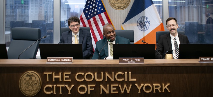 New York City Council Member Kevin Riley presides over a meeting of the Land Use Committee on March 23, 2026.
