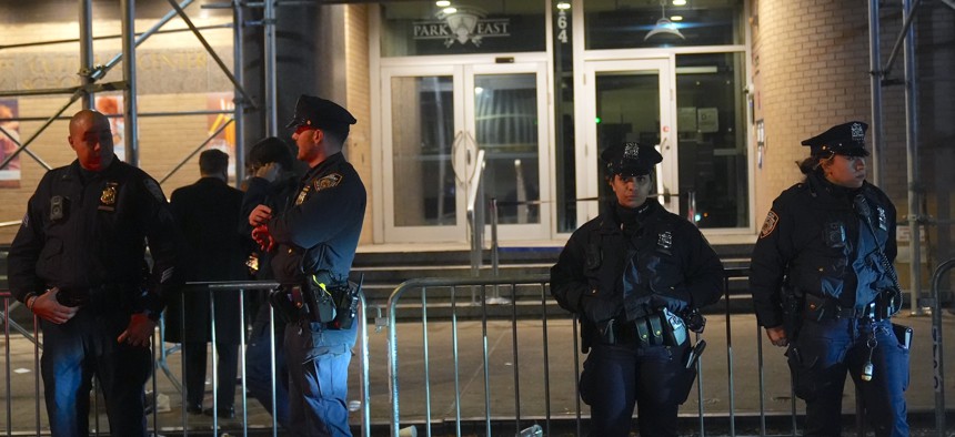 NYPD officers monitor a protest outside Park East Synagogue in Manhattan on Nov. 19, 2025.