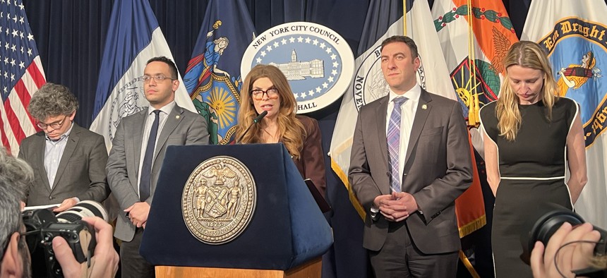 From left, Council Members Lincoln Restler, Shaun Abreu, Julie Menin, Eric Dinowitz and Virginia Maloney