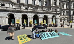  Lawmakers hold a sit-in outside the state Capitol in support of the New York for All Act on March 24, 2026.