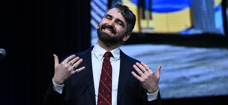 City & State's Jeff Coltin perfmed as Zohran Mamdani, singing about Free Buses to the tune of Tom Petty's Free Fallin'