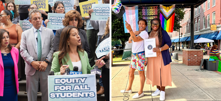 Left: Assembly Member Catalina Cruz speaks at the “No Hate in NYC Schools” rally outside Tweed Courthouse. Right: State Sen. Lea Webb, right, with Shadedria Bratton.
