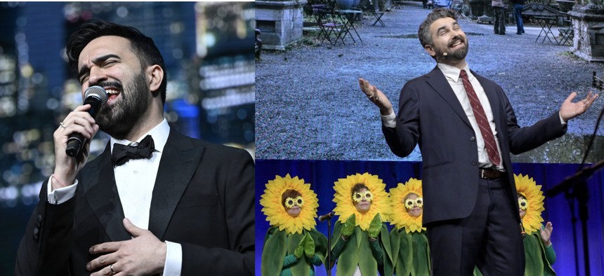 Mayor Zohran Mamdani sang - briefly - and City & State's Jeff Coltin performed as Mamdani, backed by a chorus of Elizabeth Street Garden flowers