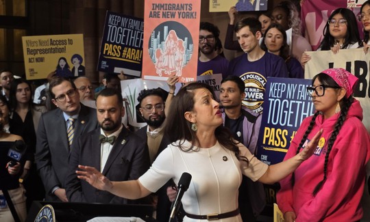 Assembly Member Catalina Cruz speaks at a rally in support of the Access to Representation Act and increased funding for immigrant legal services.