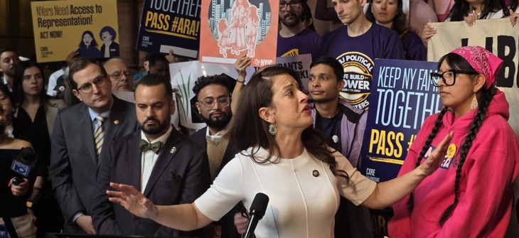 Assembly Member Catalina Cruz speaks at a rally in support of the Access to Representation Act and increased funding for immigrant legal services.