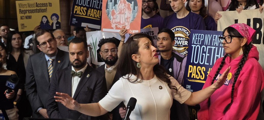 Assembly Member Catalina Cruz speaks at a rally in support of the Access to Representation Act and increased funding for immigrant legal services.