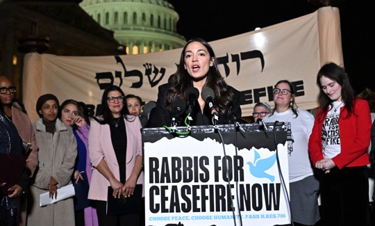 Caption: Rep. Alexandria Ocasio Cortez speaks at a Rabbis for Ceasefire Now press conference on November 13, 2023 to call for a ceasefire between Israel and Hamas.
