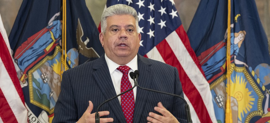 Brooklyn District Attorney speaks as Gov. Kathy Hochul announces state budget investments in public safety on May 7, 2025.